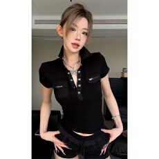 批发大码胖mm美式<b class='q'>街头</b>风翻领口袋设计感T恤夏季新款百搭排扣v领上衣女