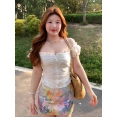 批发大码胖MM纯欲风甜辣一字肩泡泡袖上衣女夏季设计感木耳边短袖衬衫