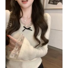 批发大码辣妹蕾丝v领针织上衣女秋冬新款纯欲修身显瘦内搭打底衫长袖