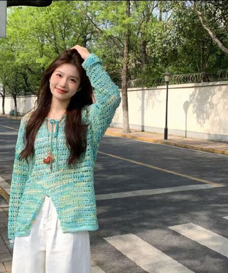 빅 사이즈 디자인 센스 홀로우 아웃 자외선 차단 캐주얼 니트 오픈 가디건 여성 착용 가져 가라. 루즈핏 슬림해 보이는 다용도 블라우스 맨위