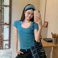 批发<b class='q'>大码</b>2026新款韩系纯欲风夏季U领短袖T恤女修身显瘦百搭内搭上衣