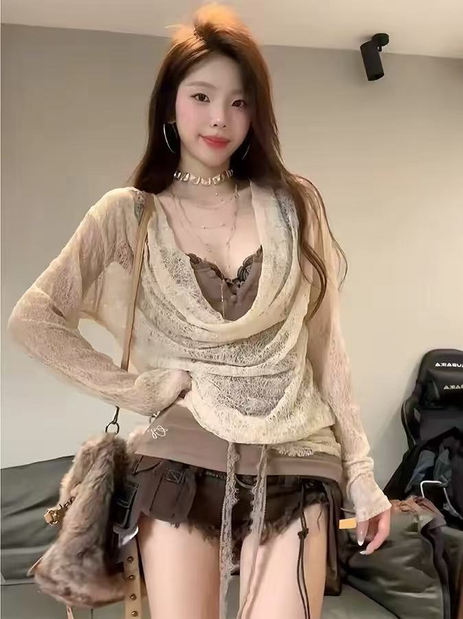 빅 사이즈 지방 mm 순수한 욕망 불모지 바람 레이스 말뚝 더미 칼라 니트 맨위 여성 여름 몸매 가꾸기 페이크 레이어드 슬립 작은 셔츠