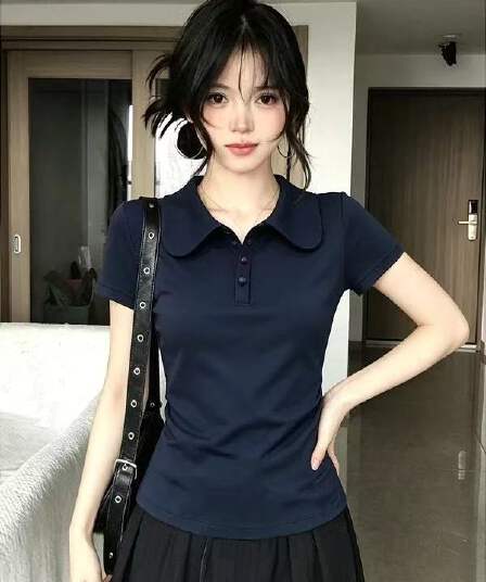 빅 사이즈 지방 mm 아메리칸 레트로 폴로 칼라 반팔 티셔츠 여성 여름 슬림해 보이는 품격 다용도 긍정적 인 어깨 POLO 셔츠 맨위
