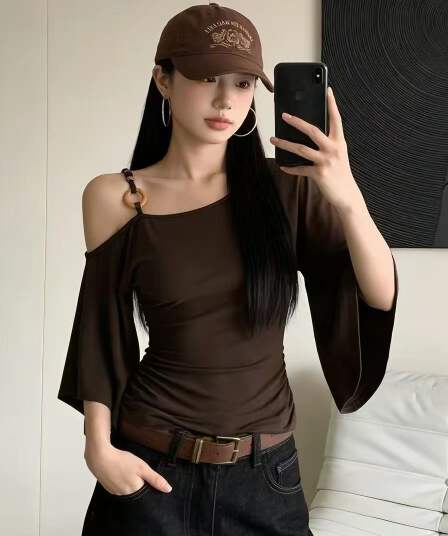 빅 사이즈 지방 mm 아메리칸 핫걸 바람 비스듬한 칼라 슬립 맨위 여름 섹시함 오프숄더 꼬집기 허리 슬림해 보이는 반팔 티셔츠 여성