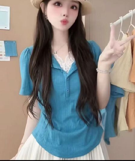 빅 사이즈 여성 의류 여름 새로운 V넥 단추 순수한 욕망 바람 몸매 가꾸기 슬림해 보이는 다용도 반팔 티셔츠 맨위