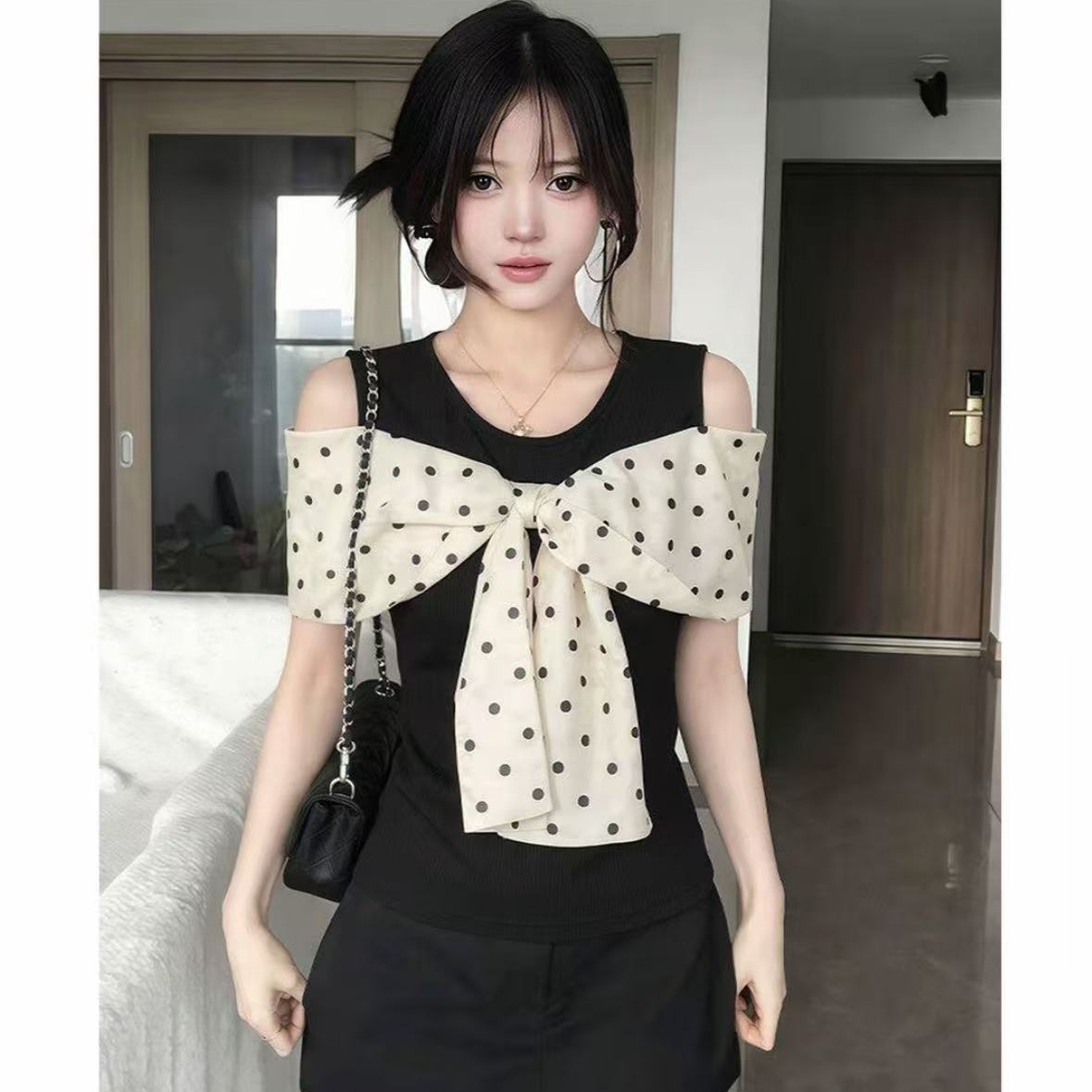 빅 사이즈 지방 mm 한 부서 달콤한 스타일 나비 매듭 도트 무늬 반팔 티셔츠 여성 여름 디자인 센스 Chic 오프숄더 맨위