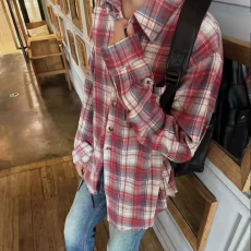 批发美式复古毛边破坏红格子<b class='q'>衬衫</b><b class='q'>男</b>女春秋季宽松休闲打底长袖<b class='q'>衬衣</b>外套