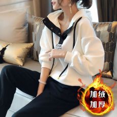 批发加绒加厚200斤<b class='q'>大码</b>休闲<b class='q'>运动服</b>套装女秋冬新款宽松连帽两件套