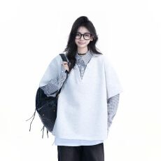 批发2025复古学院风假两件<b class='q'>衬衫</b>男女春季潮牌宽松情侣长袖卫衣外套