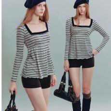 批发羊绒方领撞色条纹长袖t恤女波点满印设计早秋显瘦<b class='q'>娃娃衫</b>卷边上衣