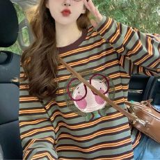 批发纯棉双纱 美式慵懒风撞色<b class='q'>条纹</b><b class='q'>长袖</b><b class='q'>t</b><b class='q'>恤</b>女秋季潮牌宽松休闲打底衫