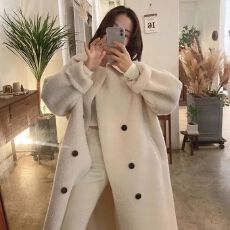 批发韩国chic秋冬温柔气质大翻领双排扣宽松百搭长袖羊羔毛大衣外套<b class='q'>女</b>