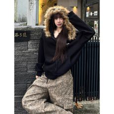 批发加绒加厚美式复古连帽卫衣女秋冬新款宽松休闲街头拉链<b class='q'>外套</b>上衣潮