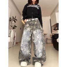 批发美式复古迷彩牛仔裤男女春秋季新款宽松显瘦百搭休闲工装长裤子潮