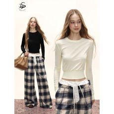 批发慕斯羊绒短款正肩t恤女2025秋冬新款收腰长袖打底衫上衣