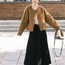 批发新款小香风羊毛外套女韩版宽松气质加厚圆领毛呢大衣短款时尚显瘦