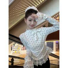 批发1*1德绒<b class='q'>甜美</b>蝴蝶结蕾丝花边波点长袖T恤女秋冬季半高领打底衫上衣