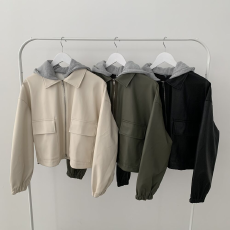 批发韩国chic秋冬复古洋气拉链大口袋休闲宽松百搭短款连帽皮衣外套女