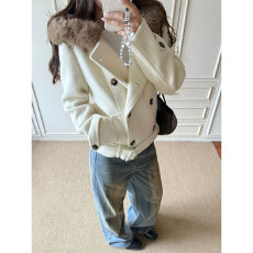 批发加厚保暖德绒450克法式双排扣毛呢外套女秋冬毛领连帽上衣