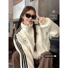 批发秋冬新款三条杠美式羊羔毛棒球服外套女冬加绒加厚<b class='q'>夹克</b>短上衣