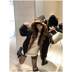 美式豹纹猫耳座山雕棉服男女宽松加绒麂皮连帽外套情侣