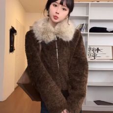 批发贵气千金仿羊羔毛老钱毛毛拉链外套<b class='q'>女</b>秋冬小个子百搭宽松翻领上衣