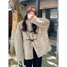 批发原版加厚加棉+双层内里 加厚韩版翻领牛角扣夹棉皮草保暖上衣