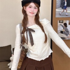 批发广州原版皱皱棉230克设计感蝴蝶结绑带斜领<b class='q'>长袖</b>上衣女