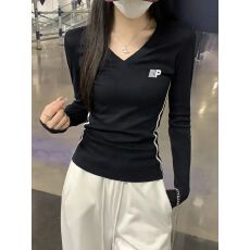 批发美式辣妹V领长袖t恤女春秋冬季内搭打底衫运动风短款收腰紧身上衣