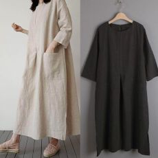 批发中长款<b class='q'>连衣裙</b>女棉麻舒适长袖裙子口袋设计春秋季新款宽松<b class='q'>大码</b>遮肉