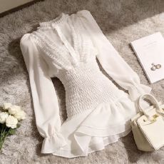 批发秋季荷叶边长袖雪纺衬衫连衣裙夏季褶皱气质高级感<b class='q'>收腰</b>仙女短裙子