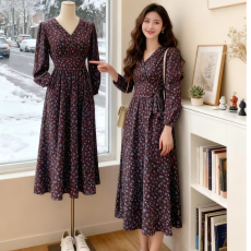 批发旅游战袍***妇韩版碎花纯欲V领长袖<b class='q'>开叉</b>新款<b class='q'>连衣裙</b>秋季长裙