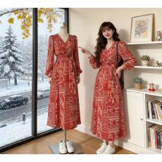 批发碎花少妇长袖<b class='q'>连衣裙</b>韩版裙新新款秋季<b class='q'>开叉</b>战袍收腰性感V领性感