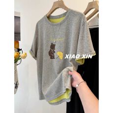 批发特大码300斤雨伞小熊卡通拼色短袖T恤女宽松上衣