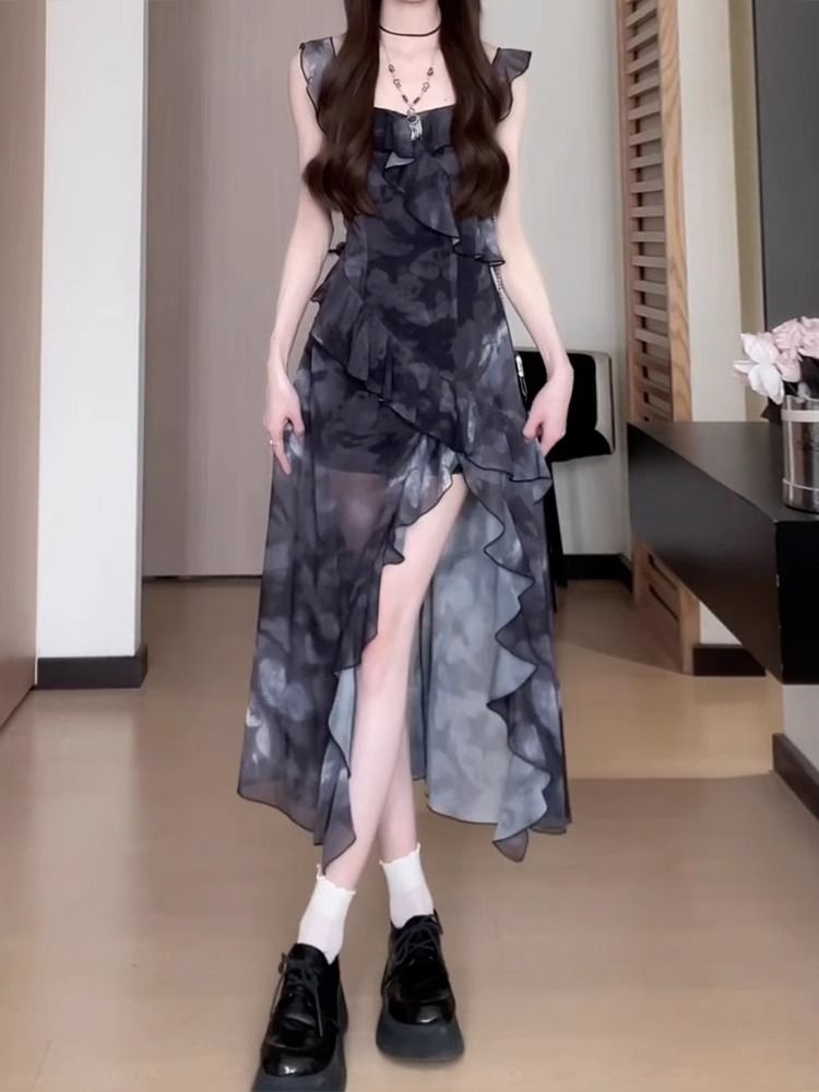 품격 착용 가져 가라. 검정색 꽃무늬 슬립 드레스 아이들 여름 새로운 프랑스식 불규칙 트임 롱 스커트 세트