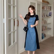 批发<b class='q'>大码</b>复古牛仔连衣裙女夏裙子胖mm遮肚显瘦裙子