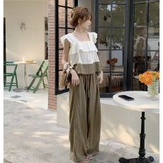 批发休闲慵懒风阔腿裤套装女<b class='q'>夏</b>季大码女装设计感小飞袖衬衫裤子两件套