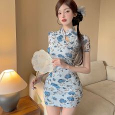 批发新中式旗袍裙短款少女气质收腰显瘦纯欲风镂空包臀新款连衣裙