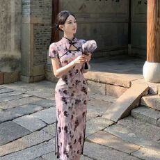 批发<b class='q'>复古</b>气质短袖印花性感镂空开叉长裙蚀骨年轻款改良旗袍连衣裙女夏