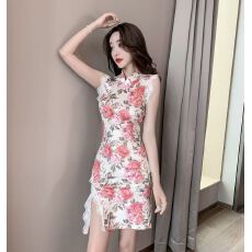 批发甜美气质纯欲风包臀短裙时尚<b class='q'>复古</b>少女花色修身开叉改良旗袍连衣裙