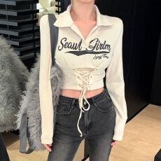 批发罗纹 Polo领辣妹T恤女字母印花收腰绑带长袖