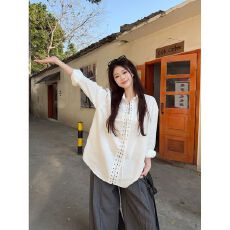 批发韩系时髦小众设计感铆钉打孔系带休闲白色衬衫女<b class='q'>长袖</b>2026新款上衣