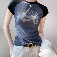 批发【雪花棉】正肩美式夏季复古撞色短款<b class='q'>T</b><b class='q'>恤</b>女性感辣妹<b class='q'>紧身</b>百搭款