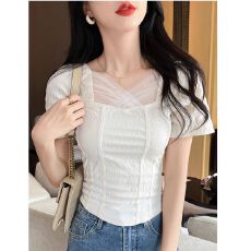 批发法式复古修身显瘦鱼骨短袖t恤<b class='q'>上衣</b>女设计感小众<b class='q'>网纱</b>拼接减龄小衫