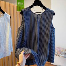 批发（100%纯棉 ） 特大码200斤 韩系条纹<b class='q'>衬衫</b>无袖减龄T恤上衣