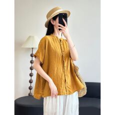 批发文艺范休闲短袖棉麻<b class='q'>衬衫</b>上衣夏季新款百搭宽松休闲立领开衫大码女