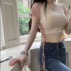 批发舞蹈<b class='q'>T</b><b class='q'>恤</b><b class='q'>嘻哈</b>风辣妹抽绳短款修身jazz上衣爵士舞服