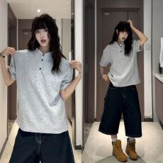 批发黑色正肩重磅短<b class='q'>袖</b>硬挺美式男款夏季宽肩t恤cleanfit亨利领<b class='q'>半截</b><b class='q'>袖</b>