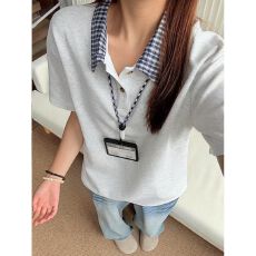 批发美式假两件正肩POLO衫男款夏季设计感翻领格子<b class='q'>衬衫</b>领拼接<b class='q'>短袖</b><b class='q'>T</b><b class='q'>恤</b>