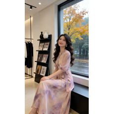 批发韩版印花中长款法式新款A字裙<b class='q'>v领</b>显瘦朦胧短袖开叉淑女风复古夏季